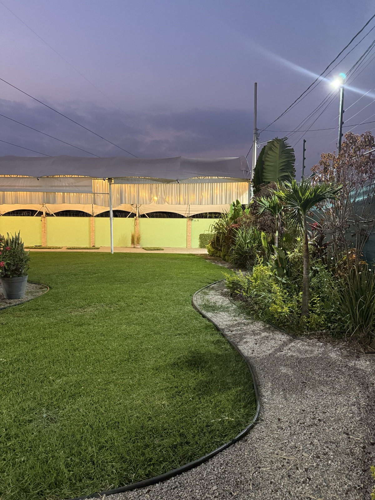 Vista del jardín y la carpa durante el atardecer en Temixco